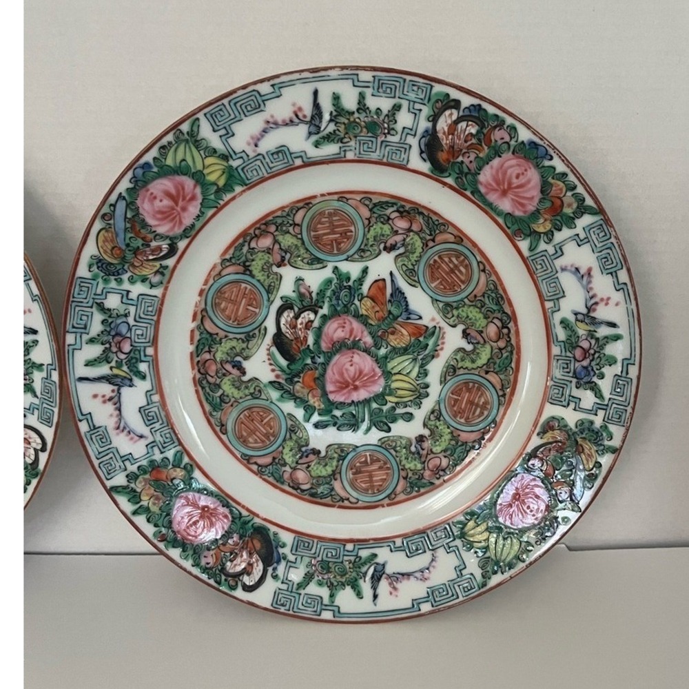 Vintage Rose Medallion Porcelain Salad Plates Pair Famille Rose Floral Birds - Picture 7 of 15